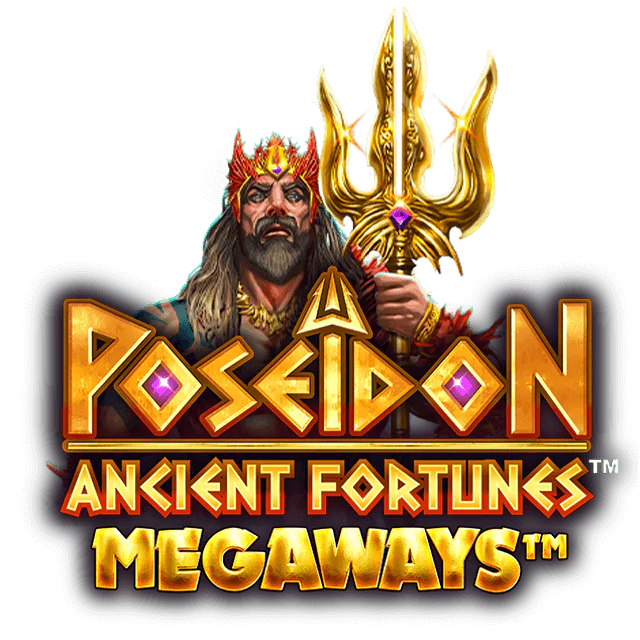 Logotipo del slot Ancient Fortunes Poseidon Megaways con el dios Poseidón y su tridente dorado