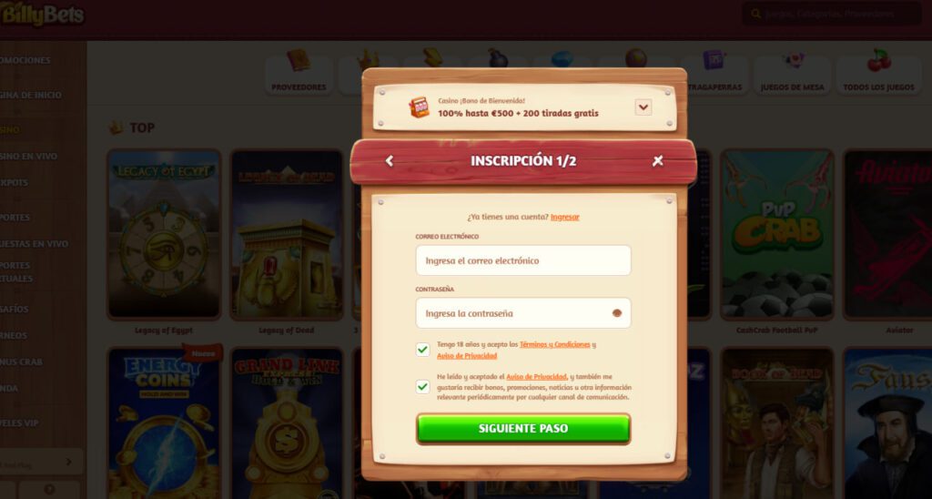 Inicio de sesión en BillyBets