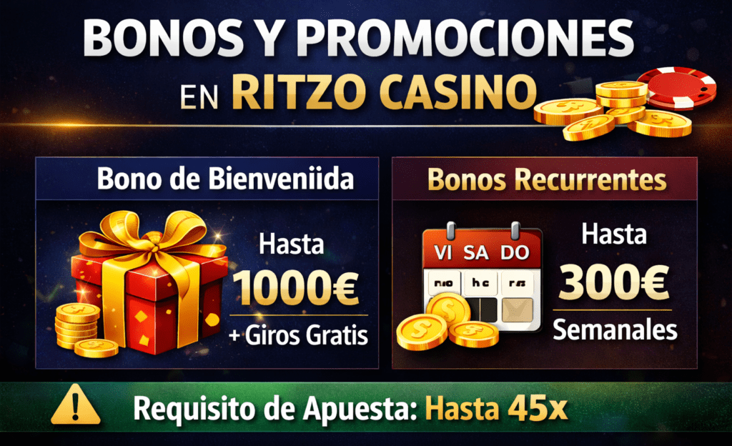 Bonos y promociones en Ritzo Casino con bono de bienvenida y ofertas semanales