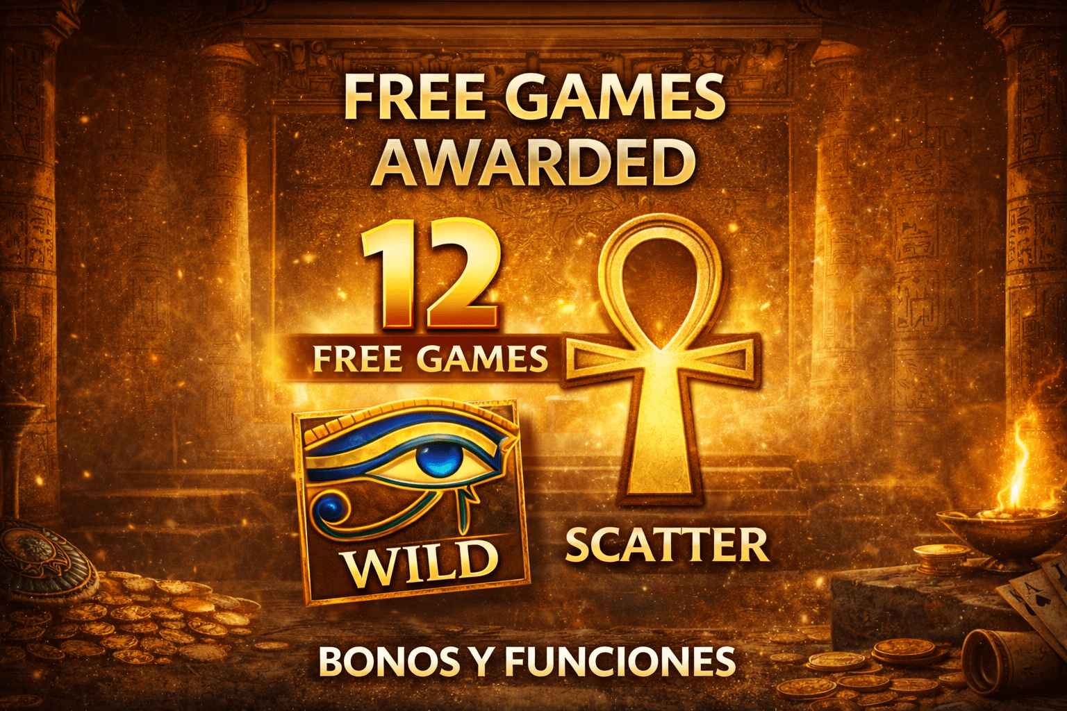 Bonos y funciones de Eye of Horus con símbolo wild, scatter y 12 giros gratis