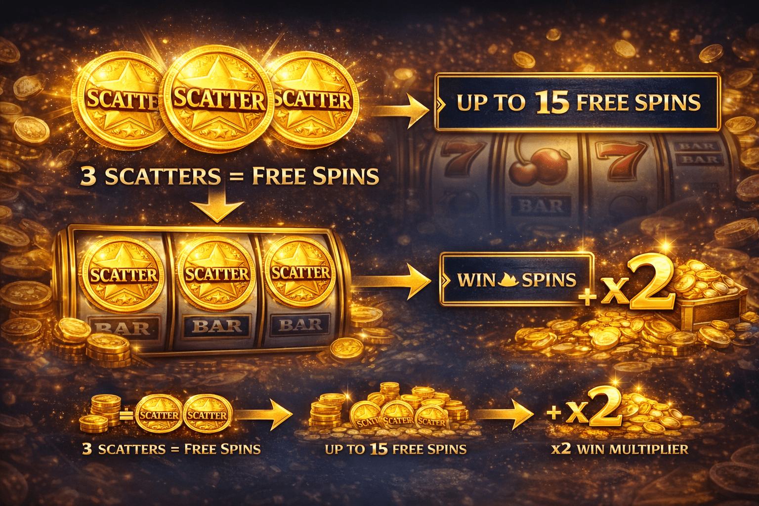 Infografía del bono de tiradas gratis en Royal Coins 2 con 3 Scatters y multiplicador x2