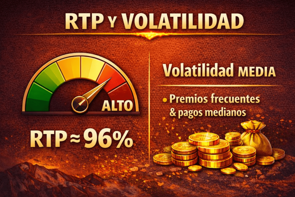 RTP aproximado del 96% y volatilidad media en la tragamonedas 3 Coin Volcanoes