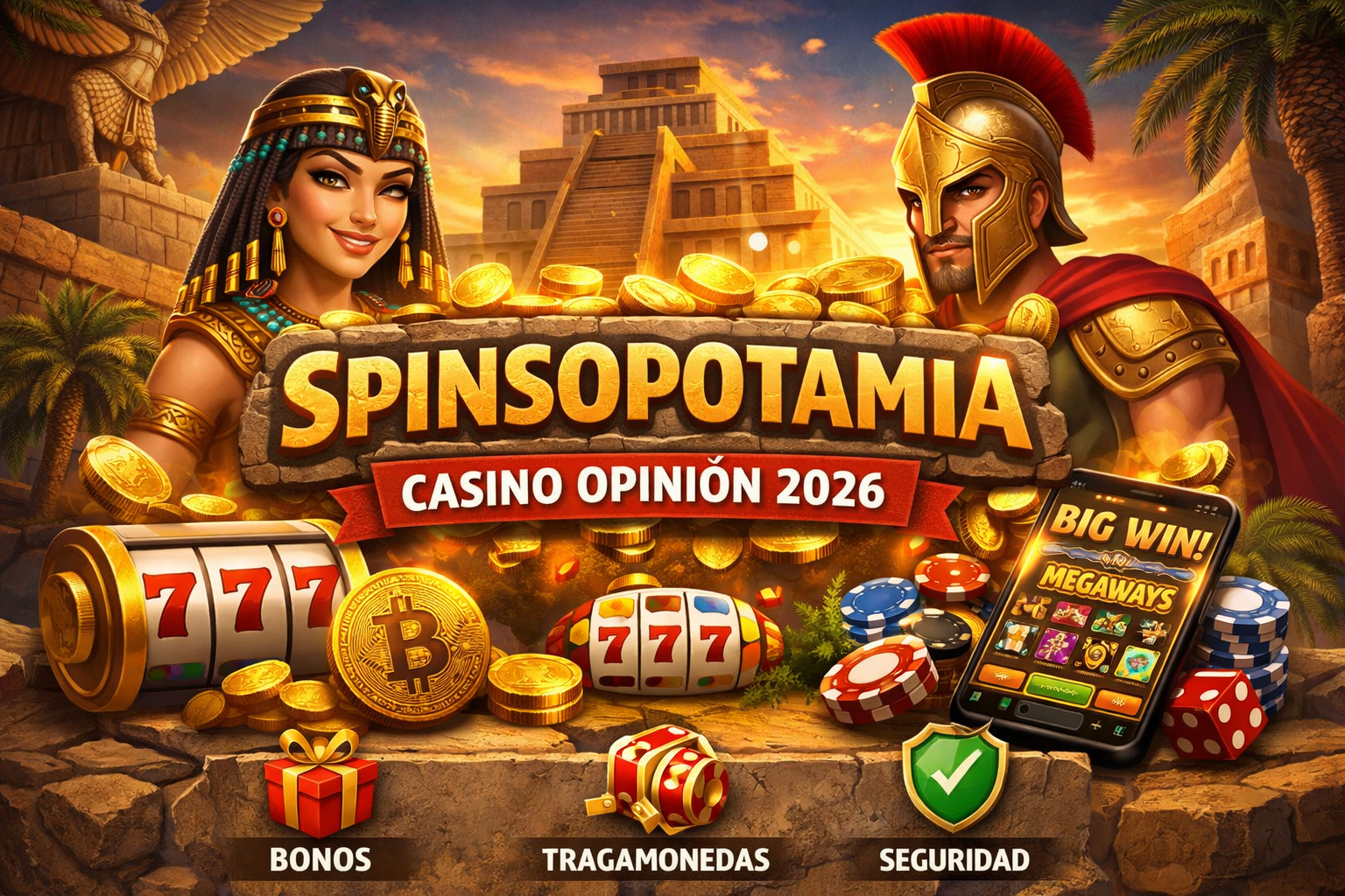 Imagen principal de Spinsopotamia Casino Opinión 2026 con tragamonedas, monedas de oro, símbolos de jackpot, criptomonedas y un diseño inspirado en la antigua Mesopotamia. Destaca bonos, seguridad y juegos.