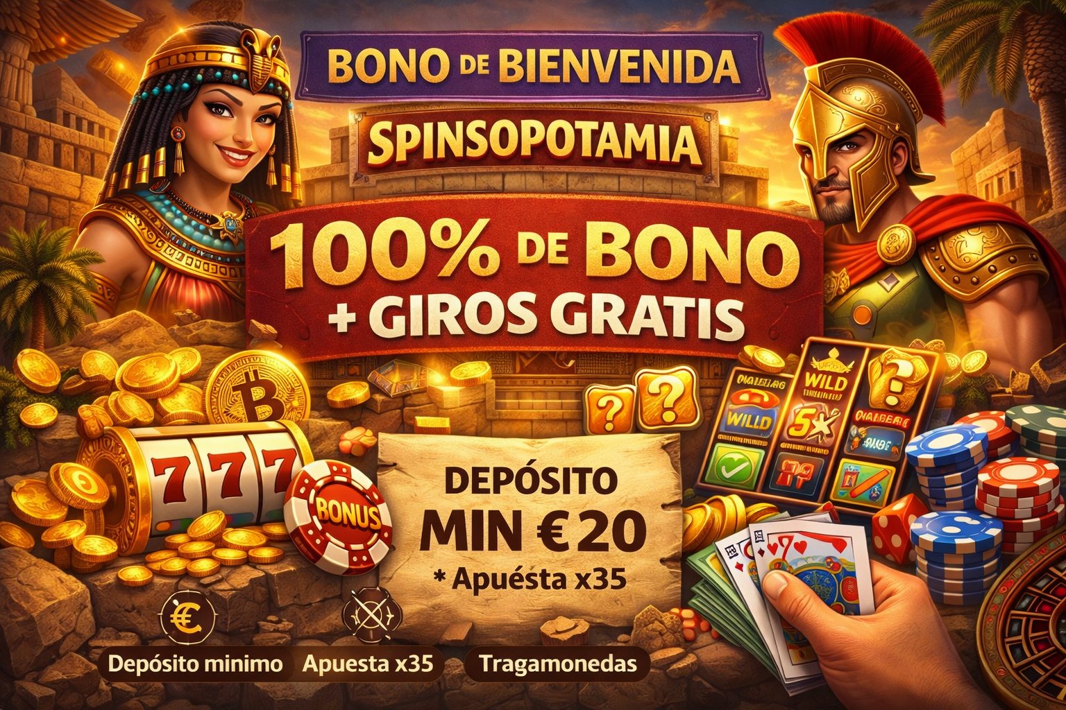 Ilustración del bono de bienvenida de Spinsopotamia Casino mostrando tragamonedas, monedas de oro, giros gratis y depósito mínimo de €20 con apuesta x35.