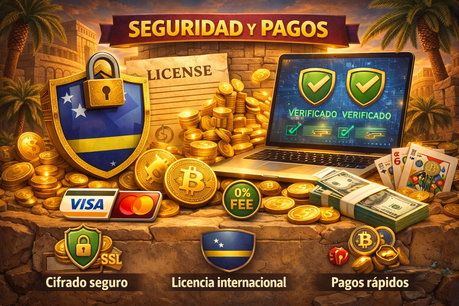 Ilustración de seguridad y pagos de Spinsopotamia Casino mostrando cifrado SSL, licencia internacional, tarjetas de crédito, criptomonedas y pagos rápidos.