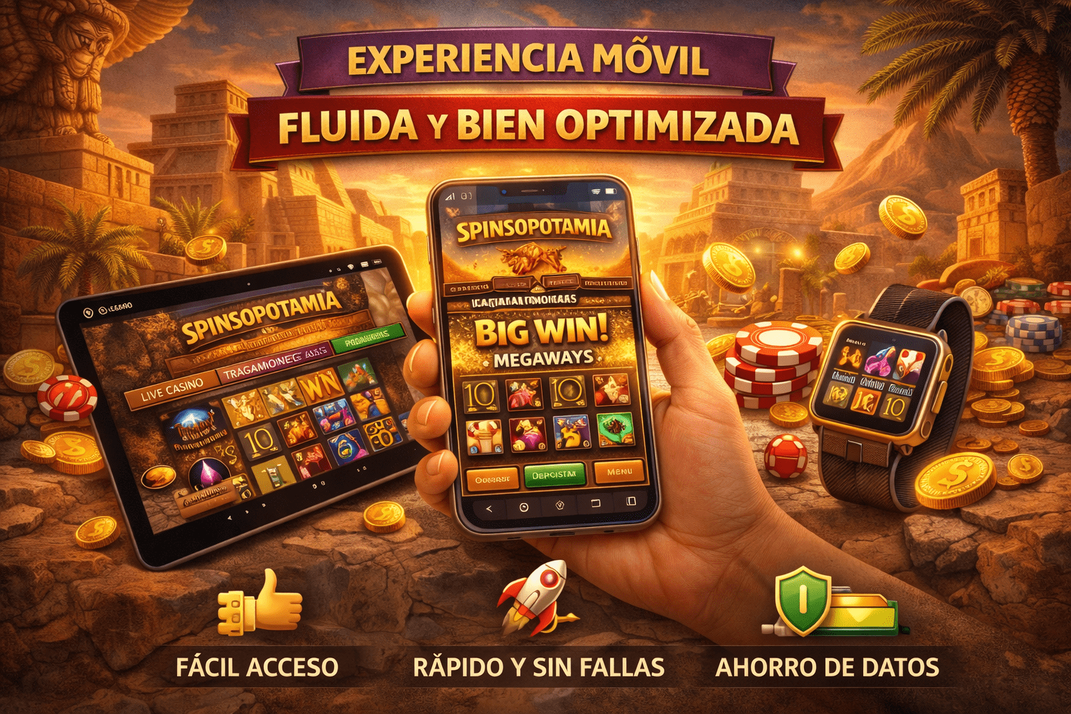 Ilustración de la experiencia móvil de Spinsopotamia Casino mostrando tragamonedas en smartphone y tablet, diseño responsive y juego optimizado para dispositivos móviles.
