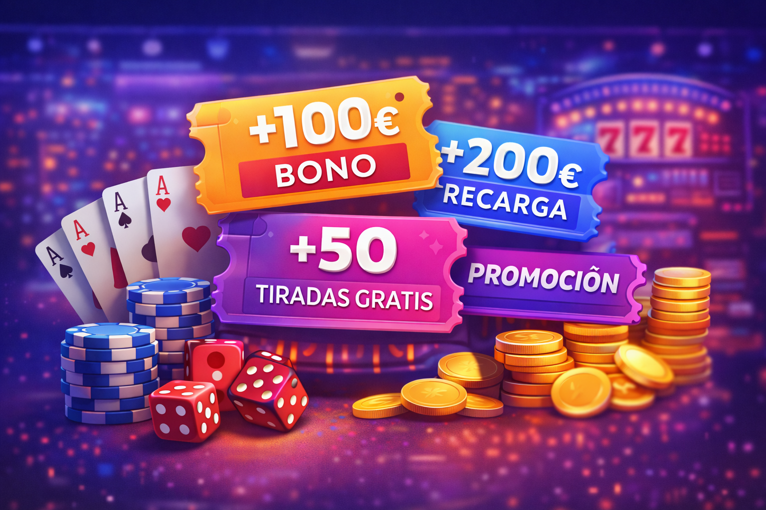 Ilustración promocional de bonos de Discowin Casino con ofertas de bienvenida, recargas y tiradas gratis.