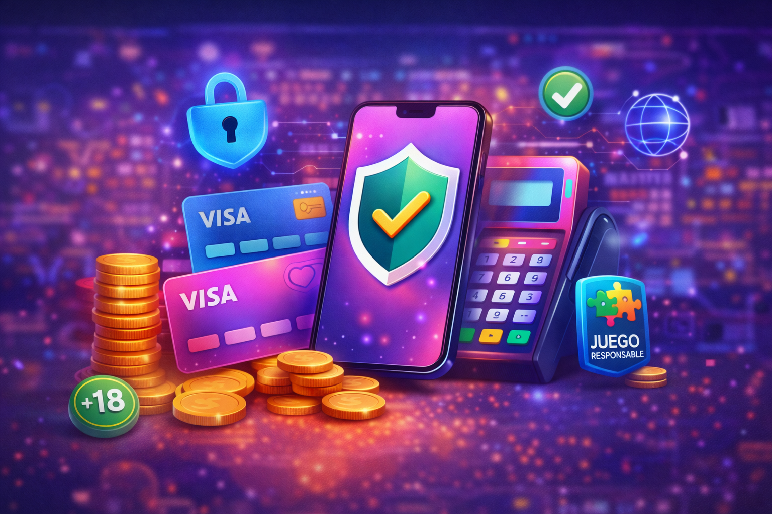 Ilustración de pagos seguros en Discowin Casino con tarjetas, monederos digitales, protección SSL y juego responsable.