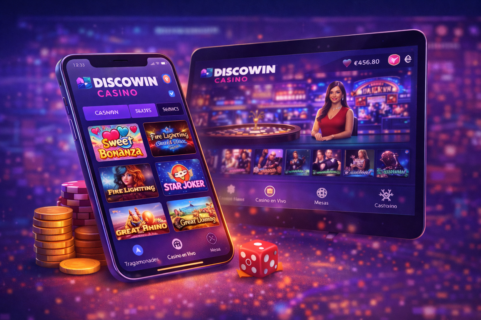 Discowin Casino funcionando en móviles y tablets con juegos de casino en vivo y tragamonedas optimizadas