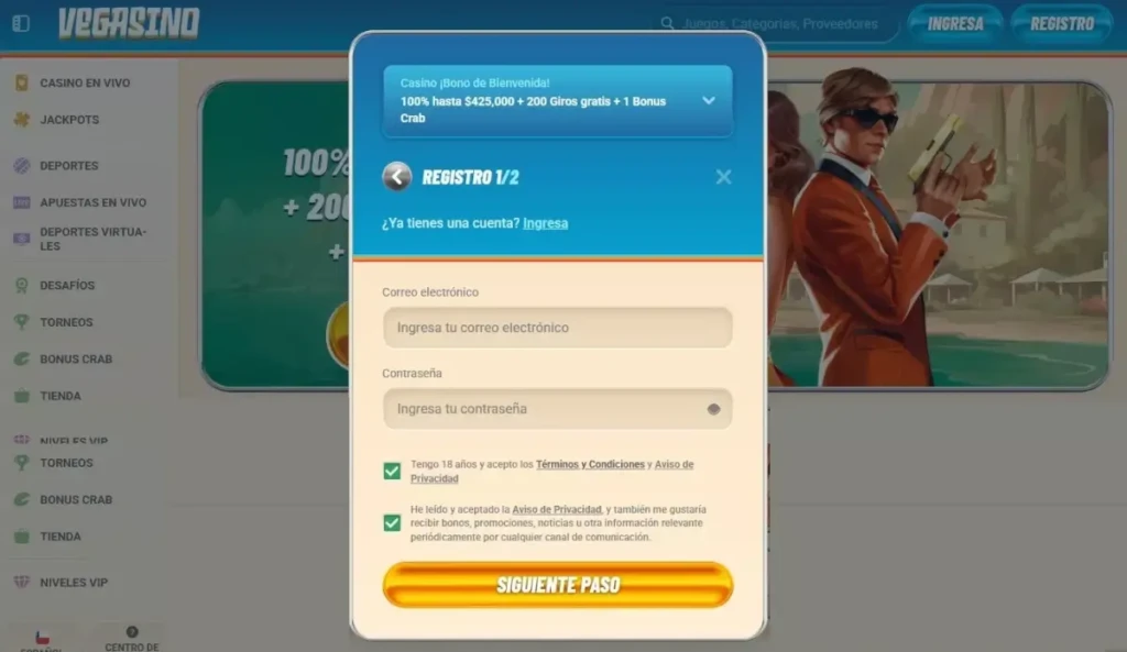 Cómo registrarse en Vegasino