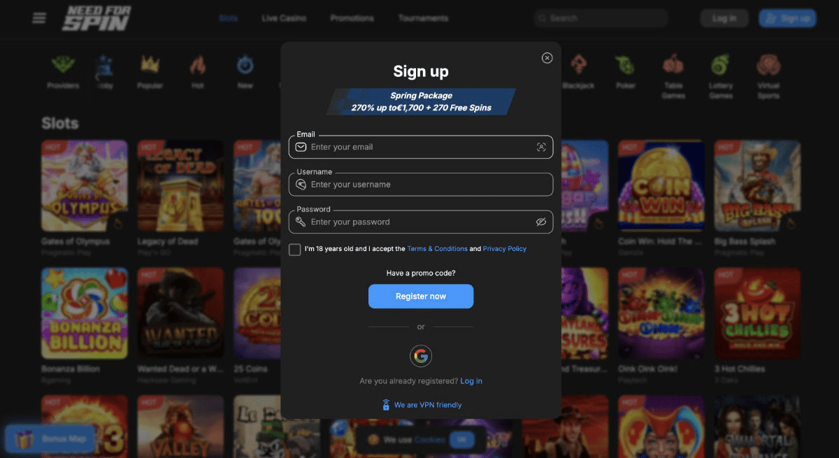 Registro en Need For Spin: paso a paso