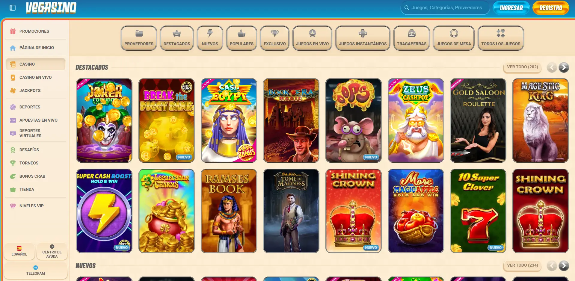 Juegos disponibles Vegasino: qué puedes encontrar